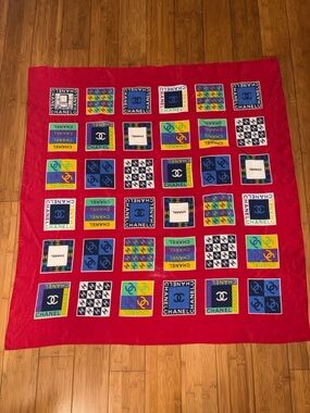 CHANEL Coco Mark Logo Scarf Bandana Silk Red Multicolor 33” X 34”